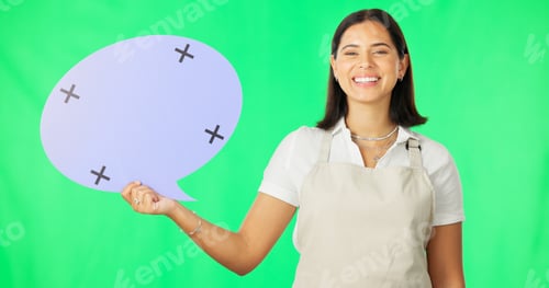 Preview: Woman, speech bubble and smile on face by green screen studio for mockup, promo and social media. G