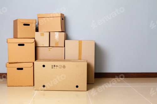 Preview: Cardboard boxes for moving on the floor against grey wall