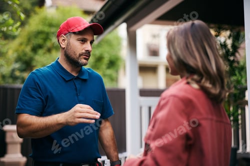 Preview: Home service worker talking to female client in the backyard.