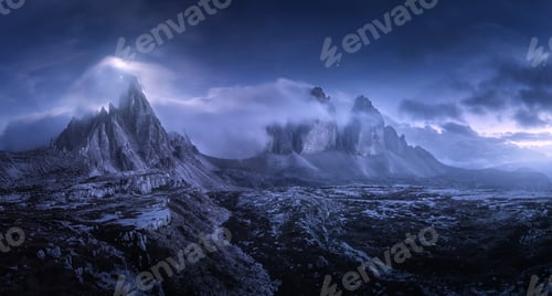 Preview: Mountains in fog at beautiful night. Summer landscape