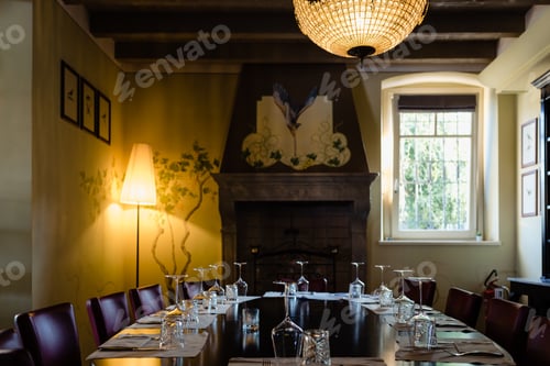 Preview: A large stately and elegant wooden table with cutlery served, ready for a business lunch.