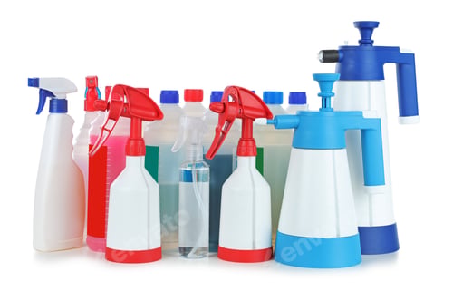 Preview: Different bottles with detergents and cleaning equipment on white background