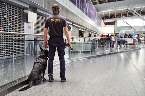 Preview: Security worker with detection dog patrolling airport terminal