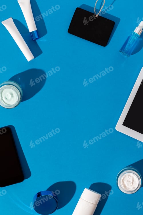 Preview: Skin care cosmetics protecting from gadgets blue light on blue background