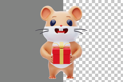 Preview: Hamster Character Offering a Box of Gifts 3D Illustration