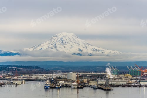 Preview: Mount Rainier Covered With Snow Behind The Port Of Tacoma.
