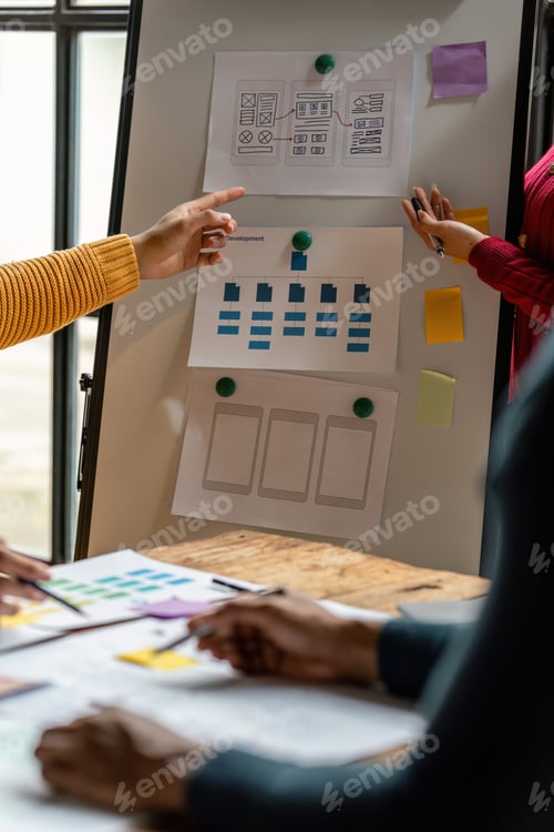 Preview: Group of ux developer and ui designer brainstorming about app interface design at modern office