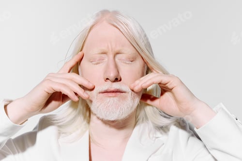 Preview: serene person meditating, calm expression with eyes closed, minimalist white background, soft light