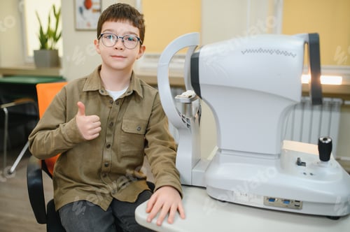 Preview: Boy showing thumbs up during eyesight examination with autorefractor in ophthalmology clinic