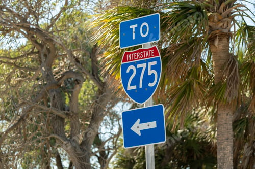 Preview: Blue direstional road sign indicating direction to I-275 freeway interstate highway