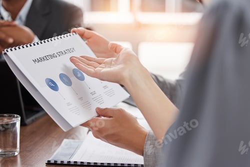 Preview: Documents, marketing strategy and people hands planning, collaboration and infographics for social