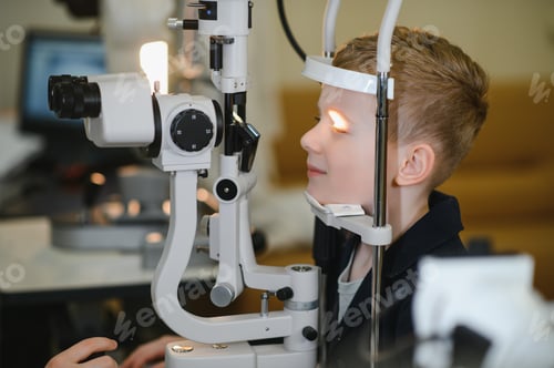 Preview: Child undergoing eye exam with modern phoropter in ophthalmology clinic
