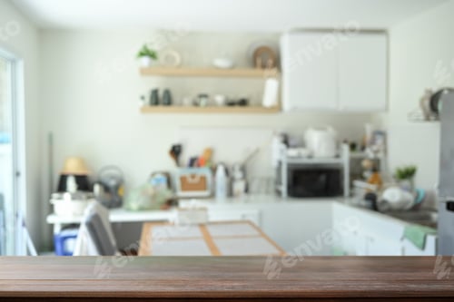 Preview: Wood table with blurred kitchen room in background, space text or showcasing products