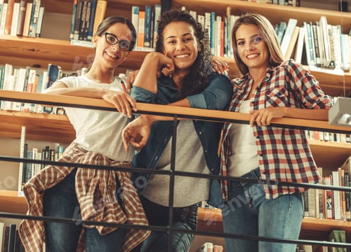 Preview: Group of female students study in the college library.