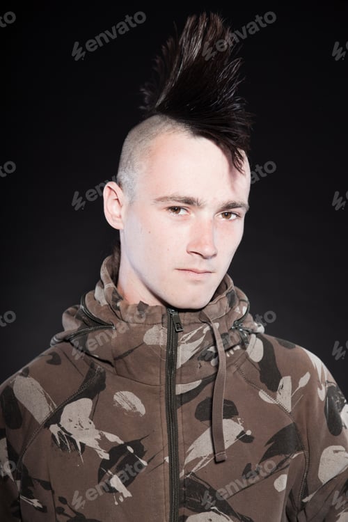 Preview: Punk Man With Mohawk Haircut. Expressive Face. Army Camouflage Jacket. Isolated On Black