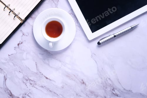 Preview: Top view of digital table with empty screen on white background