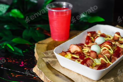 Preview: colombian street food, salchipapa served on a wooden tray with a glass of red fruit juice next to it