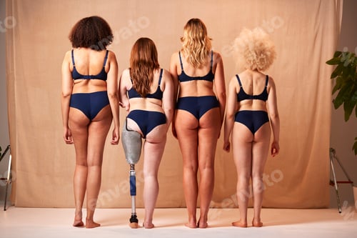 Preview: Rear View Of Group Of Diverse Body Positive Women Friends One With Prosthetic Limb In Underwear
