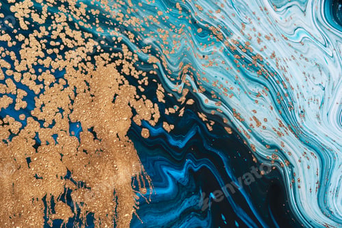 Preview: Fluid Art acrylic paints. Abstract mixing blue paint waves. Liquid golden splashes. Marble effect