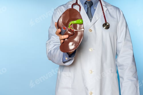 Preview: doctor showing a liver from an anatomical model to the camera