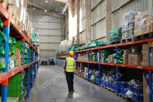Preview: A caucasian female warehouse worker in a distribution warehouse.