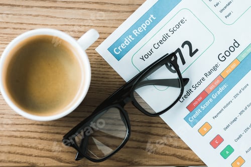 Preview: top view of cup with coffee near paper with credit report lettering on paper and glasses on table
