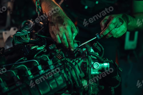 Preview: Mechanic's hands working on engine with various tools and wires.