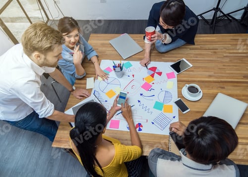 Preview: Top view of Group Of Asian and Multiethnic Business people with casual suit working
