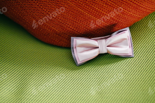Preview: Elegant bowtie against green background. Festive clothes for broom. Formal male accessory
