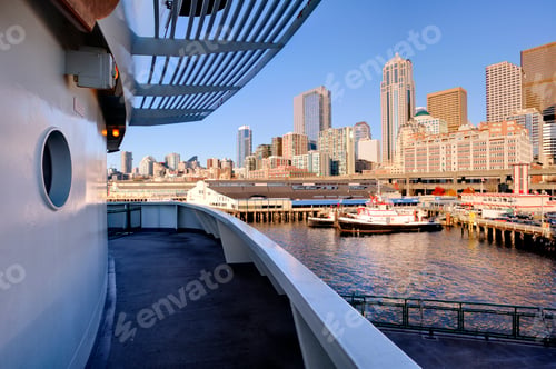 Preview: Ship deck in Seattle harbor overlooking cityscape, Washington, United States