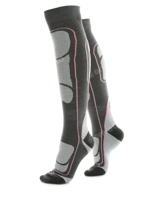 Preview: Woman wearing thermal knee socks on white background, closeup of legs. Winter sport clothes