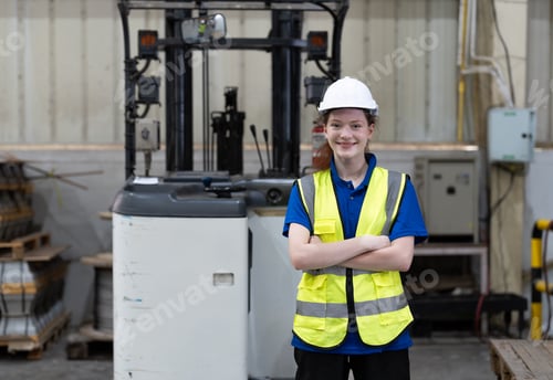 Preview: Female warehouse worker or woman driver forklift smile and standing with arms crossed in warehouse.