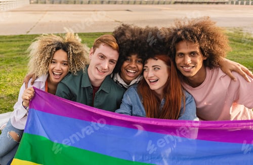 Preview: group diverse people holding rainbow gay pride flag