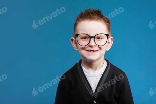 Preview: Back to school. portrait of smiling little clever school boy in glasses look at the camera, isolated