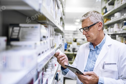 Preview: Shot of a focused mature male pharmacist holding a medication box and reading it in a pharmacy