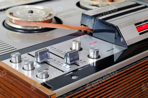 Preview: Close up of old reel to reel tape player and recorder