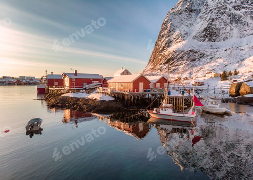 Preview: Fishing village with port in winter valley at sunrise morning
