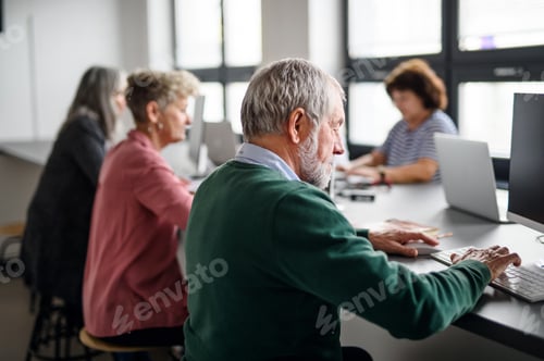 Preview: Group of senior people attending computer and technology education class