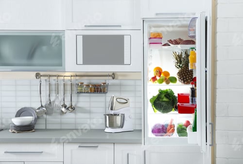 Preview: Open refrigerator full of products in stylish kitchen interior