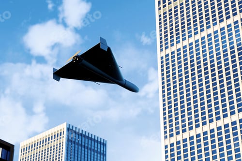 Preview: Military drone flying over urban skyline. Concept of Middle East conflict, Iranian drone