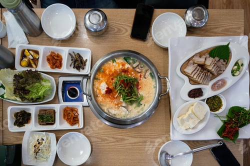 Preview: Tofu spicy soup boiled with vegetable and pickle and streaky pork of traditional korean food