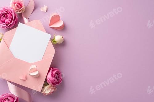 Preview: International Women's Day setup. Top view of letter spilling paper hearts