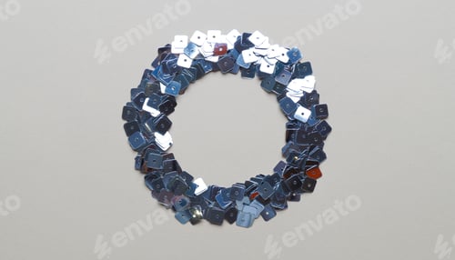 Preview: Frame of silver sequins on light grey background, flat lay. Space for text