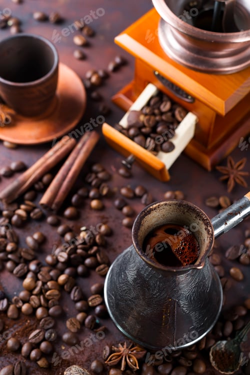 Preview: Old coffee pot and beans