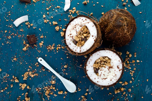 Preview: Healthy breakfast in coconut bowl.