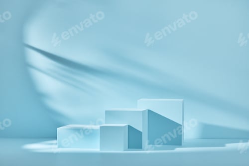 Preview: Blue background for product presentation with shadows and light. Empty podiums. Mockup.