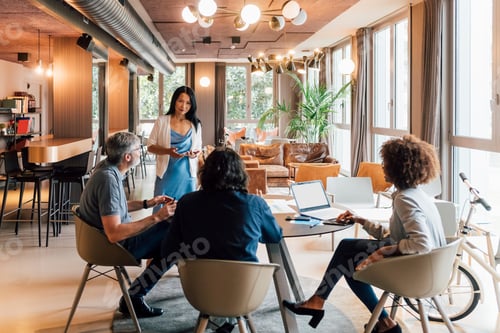 Preview: A group of professionals having a meeting in a modern office environment with a woman presenting.