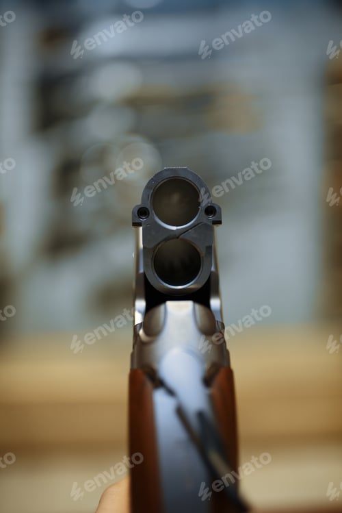 Preview: Rifle in gun shop, closeup view through the barrel
