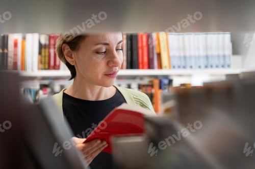 Preview: Female mature student looking for book at library bookshelf studying at university campus or college