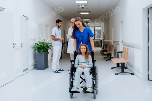 Preview: Young nurse pushing little girl on wheelchair at hospital corridor.